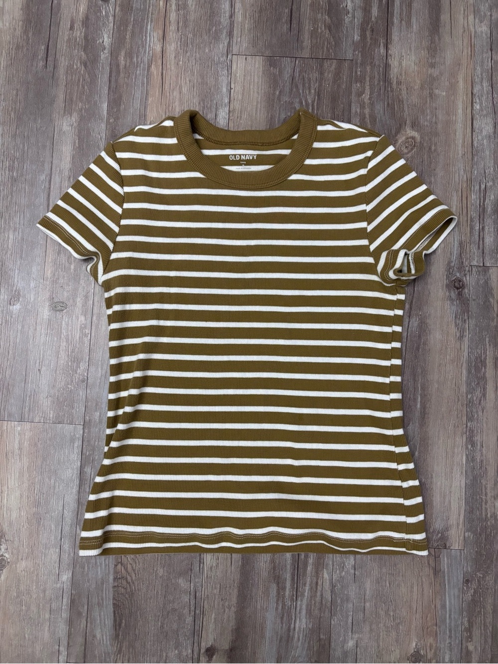 Old Navy Olive & White Striped Short Sleeve Crew Tee